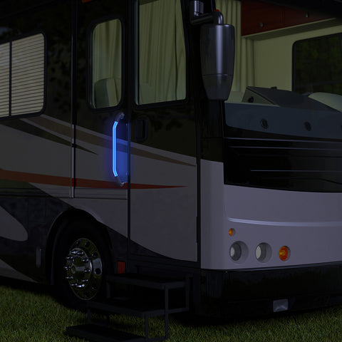 Illumagrip Assist Handle lit up at night on the side of a Class A Motorhome | ITC Shop Now