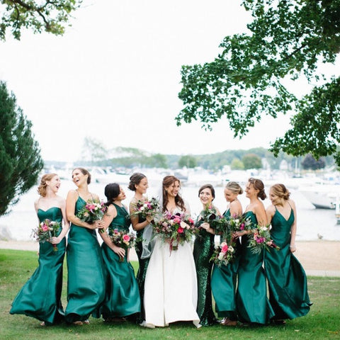 7. Satin Emerald Green Bridesmaid Dresses