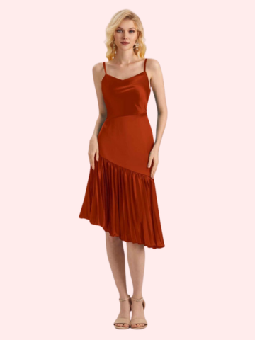 V-Neck Asymmetrical Satin Mermaid Dress in Rust