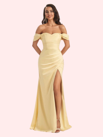 Off-Shoulder Sweetheart Satin Mermaid Dress in Champagne