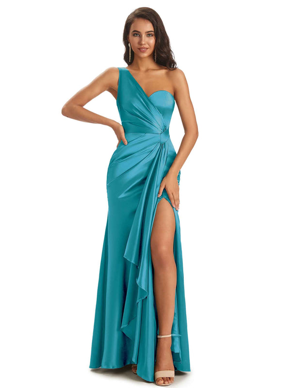 Floor-Length Soft Satin Side Slit One Shoulder Mermaid prom Dresses ...