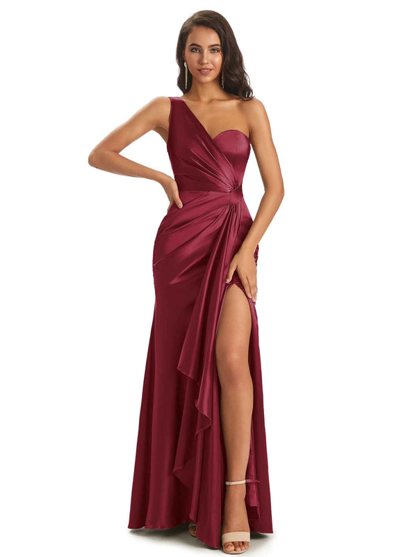 Floor-Length Soft Satin Side Slit One Shoulder Mermaid prom Dresses ...