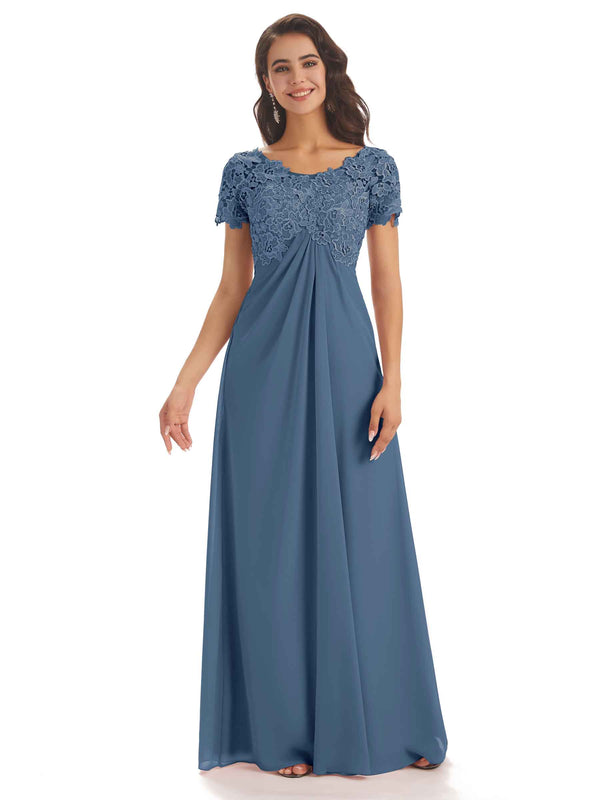 Elegant Chiffon Short Sleeves Lace Applique Floor-Length A-line Mother ...