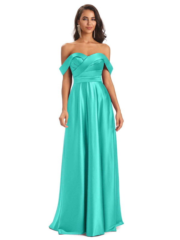 Sexy Soft Satin Off Shoulder A-Line Floor-Length Bridesmaid Dresses ...