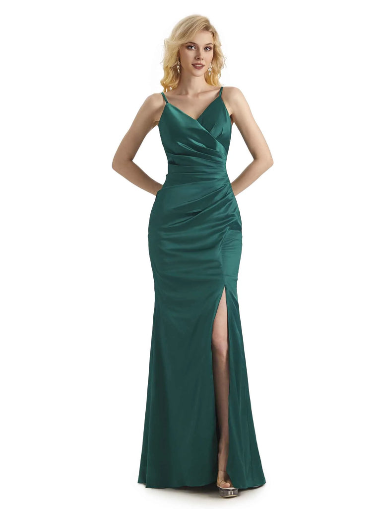 Sexy Soft Satin Side Slit V-neck Long Mermaid prom Dresses Online - ChicSew