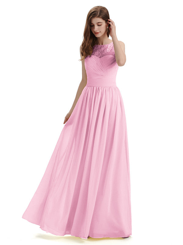 A-Line Round Neck Lace Pleats Floor Length Bridesmaid Dresses - Chicsew