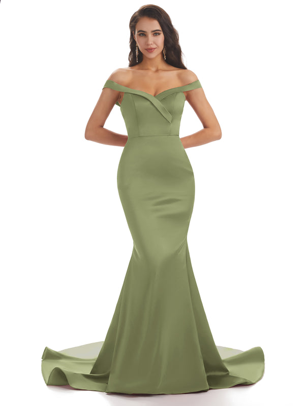 Elegant Off-Shoulder Soft Satin Mermaid Long Bridesmaid Dresses - ChicSew