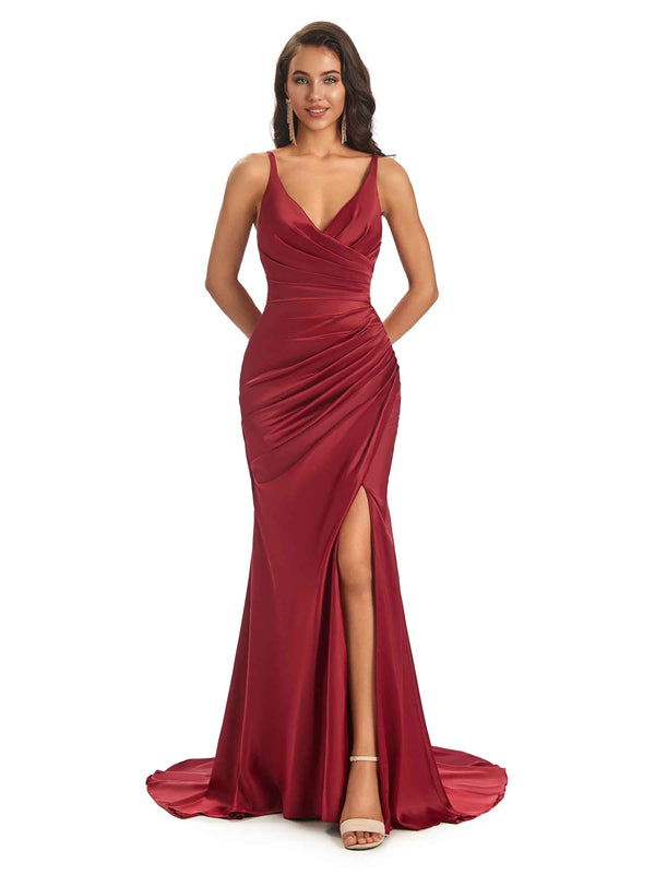 Soft Satin Side Slit Spaghetti Straps V Neck Floor Length Mermaid Prom Dresses Chicsew 