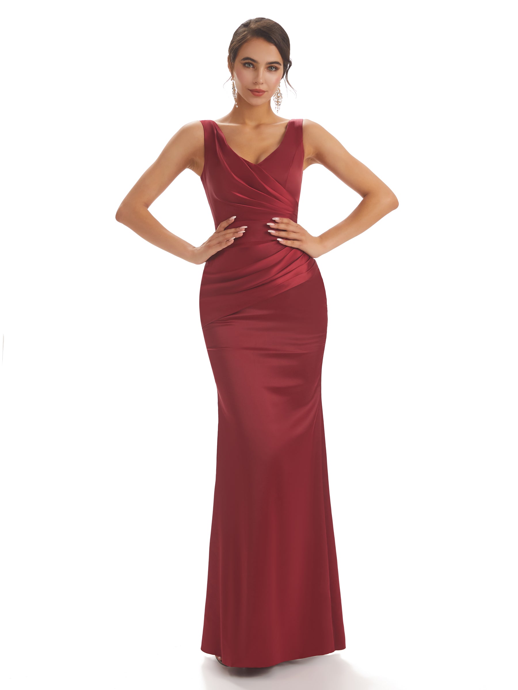 Sexy Soft Satin Sleeveless With Pleats V-neck Floor-Length