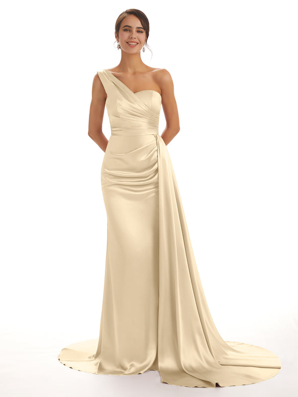 Elegant One Shoulder Soft Satin Pleats A-line Long Bridesmaid Dresses ...