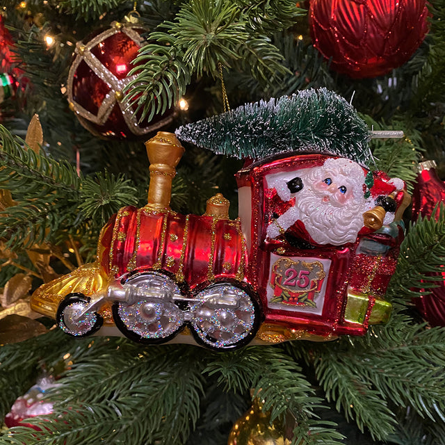 punch Kwik Samenwerking Viv! Christmas Kerstornament - Trein kerstman met kerstboom - glas - rood -  groot - 17cm