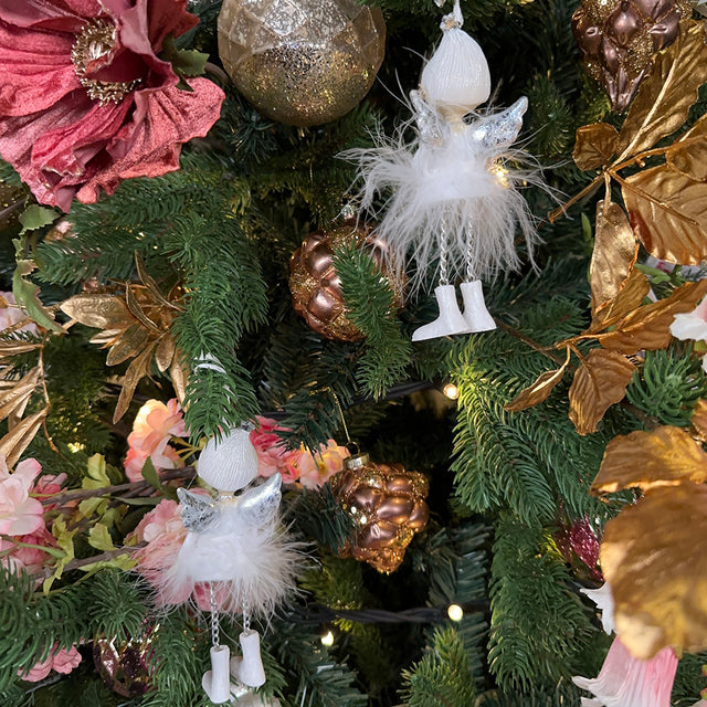 Viv! Christmas Kerstornament - Engeltjes met veren - set van - wit zilver - 14cm
