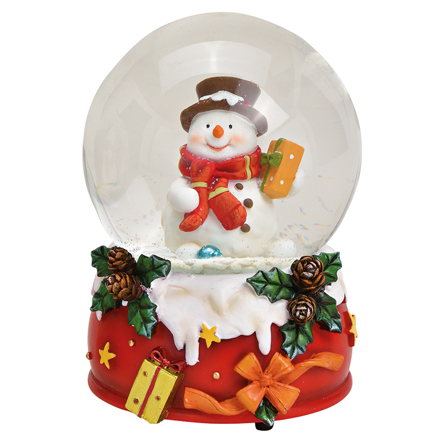 Viv! Christmas Kerst Sneeuwbol incl. muziekdoos - Sneeuwpop met cadeautjes - rood groen - 14 cm
