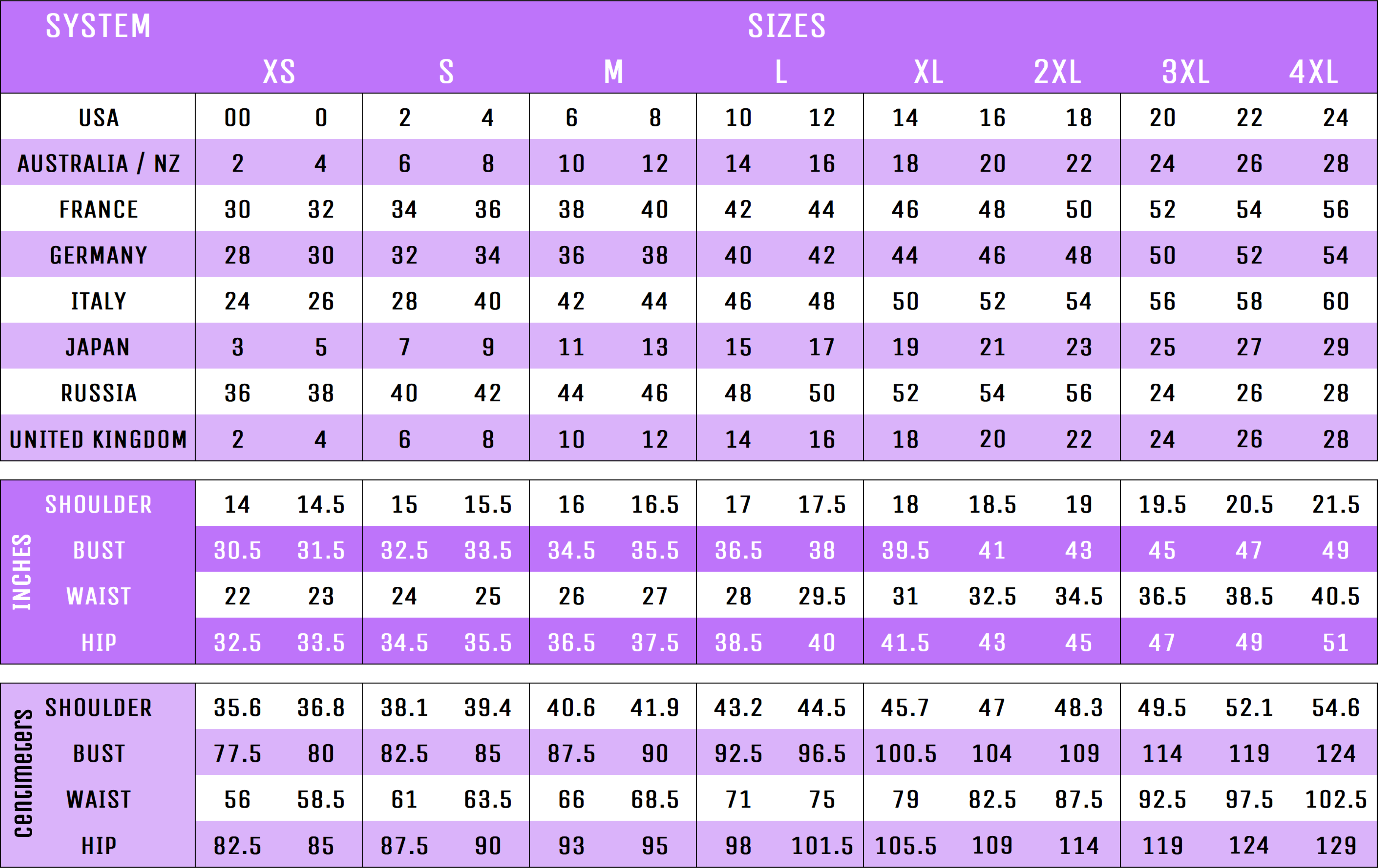 Sizing Charts