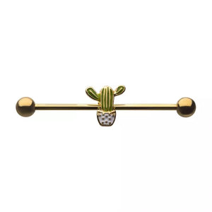 14 Gauge Gold PVD Cactus Industrial Barbell - Vivid Body Jewelry Co.