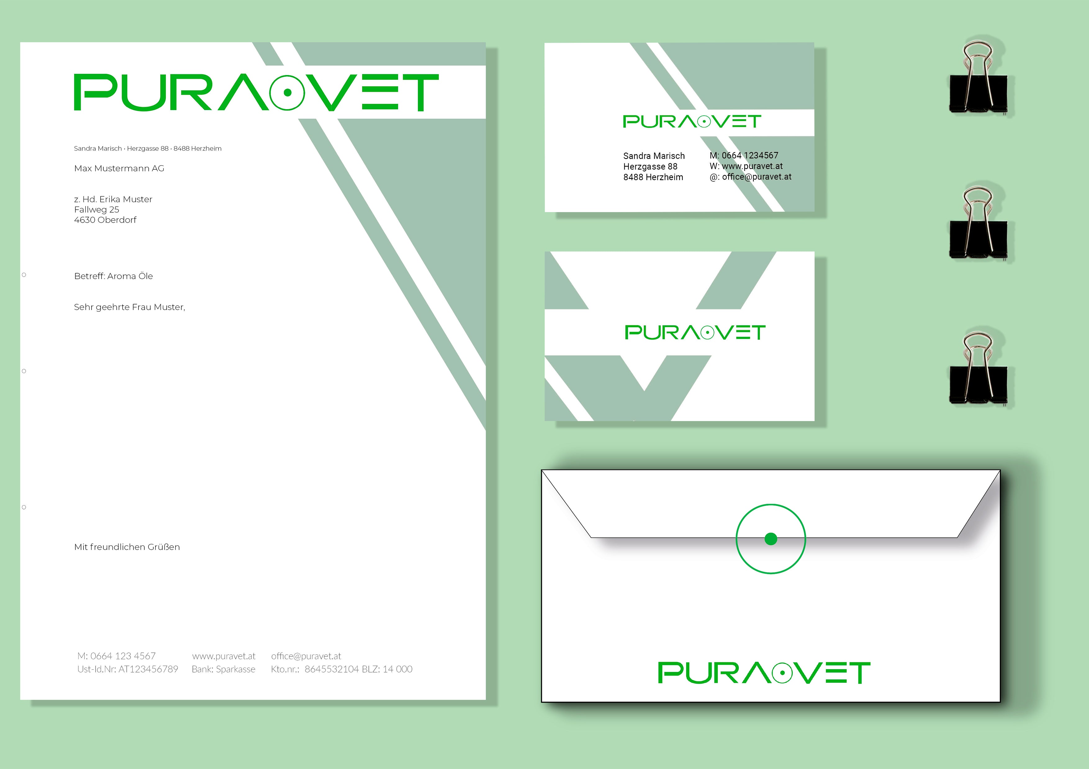 Corporate Design: Briefpapier, Visitenkarte, Klammern und Briefkuvert von Puravet