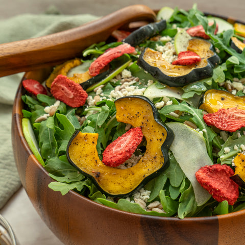 Plant-based autumn salad with organic freeze-dried strawberries