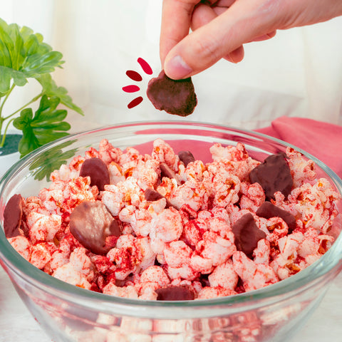 Strawberry popcorn with chocolate-covered freeze-dried fruit