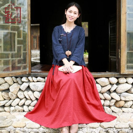 Spring and Autumn Casual Ethnic Style Literature and Art Retro Linen Skirt Half-length A-line Skirt Red Mid-length Skirt