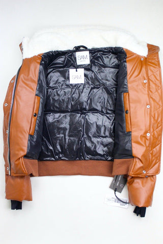 SAM. Womens Allegra Faux Leather Puffer Coat Large Saddle / White DAMAGE