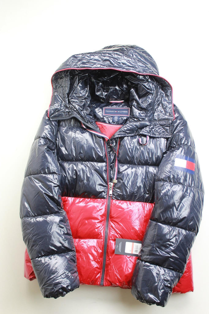 tommy hilfiger hooded colorblock puffer coat
