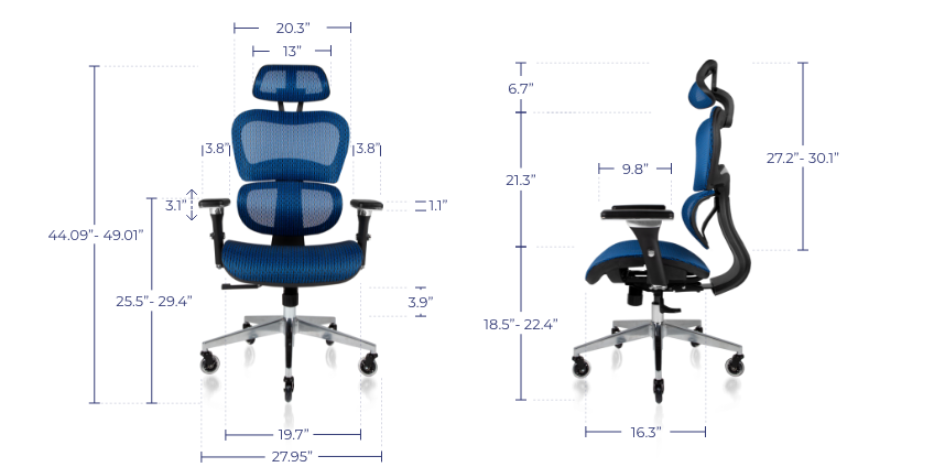 Dimensions of the Ergo3D Ergonomic Office Chair