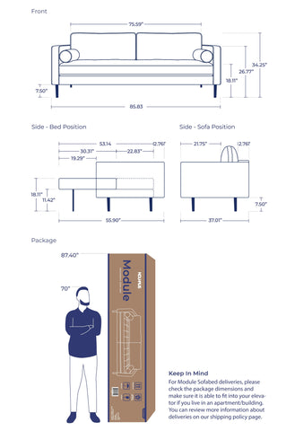 Text reads. Front. 85.83 inches whole length. 75.59 inches for seat width. 34.25 inches height. 26.77 inches armrest height. 18.11 inches seat height. 7.50 inches leg measurement. Side - Bed Position. 53.14 inches bed width. 11.42 inches bed leg measurement. Side - Sofa Position. 21.75 inches seat depth. 2.76 inches backrest width. 37.01 sofa width.