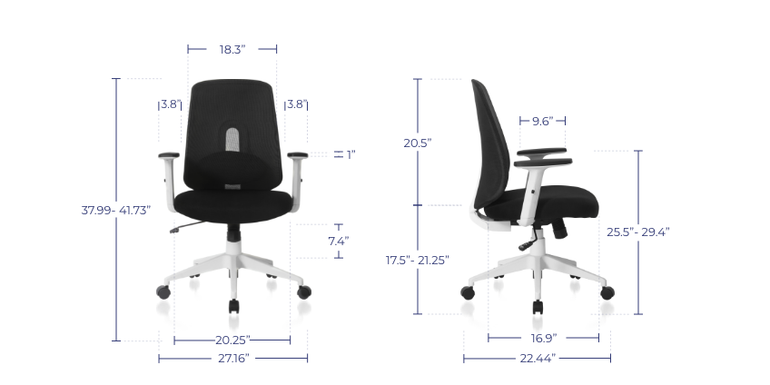 Dimensions of the Palette Ergonomic Lumbar Adjust Rolling Office Chair
