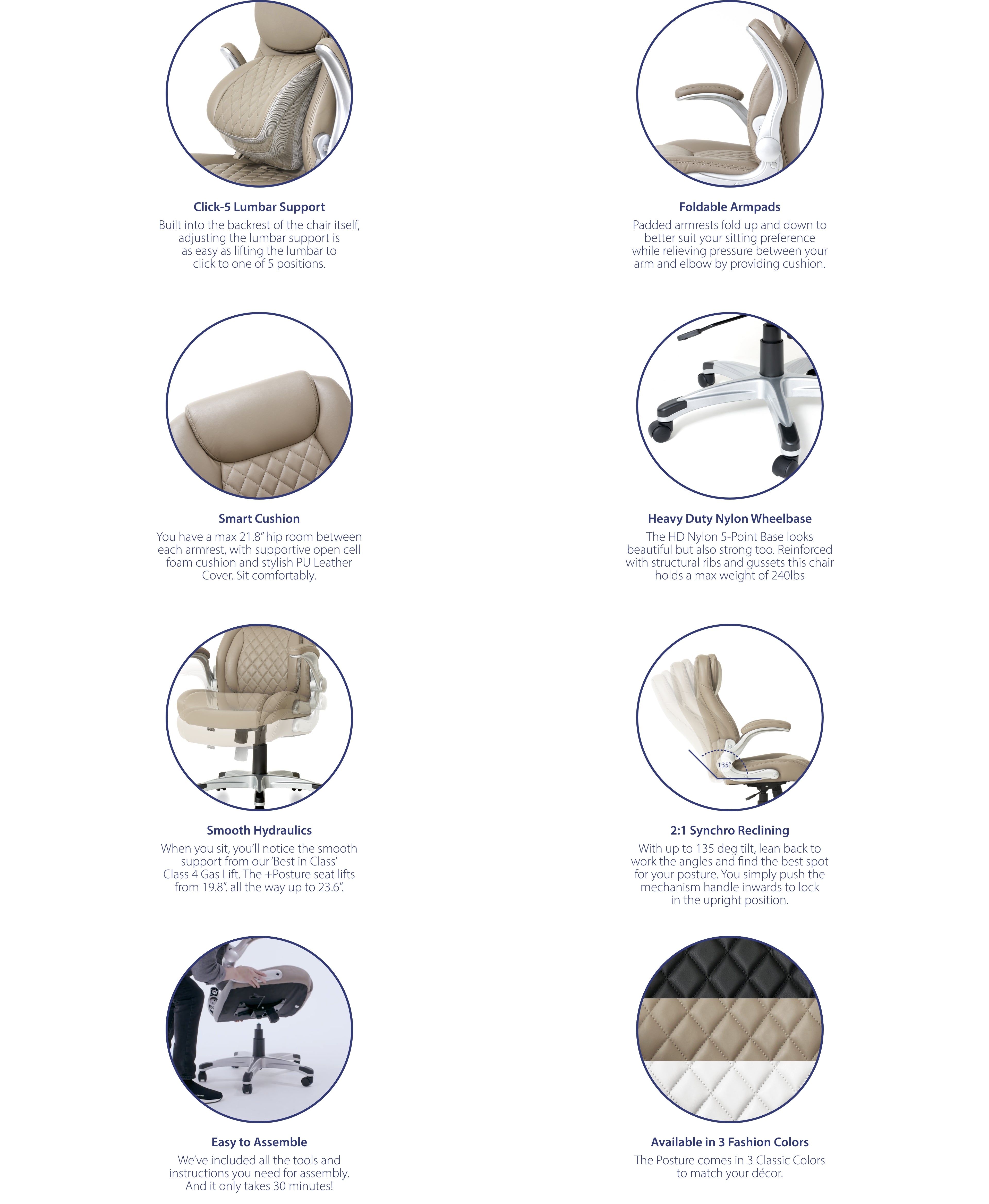NOUHAUS Posture Ergonomic PU Leather Office Chair Patented 'Click5' Lu –  Nouhaus Inc