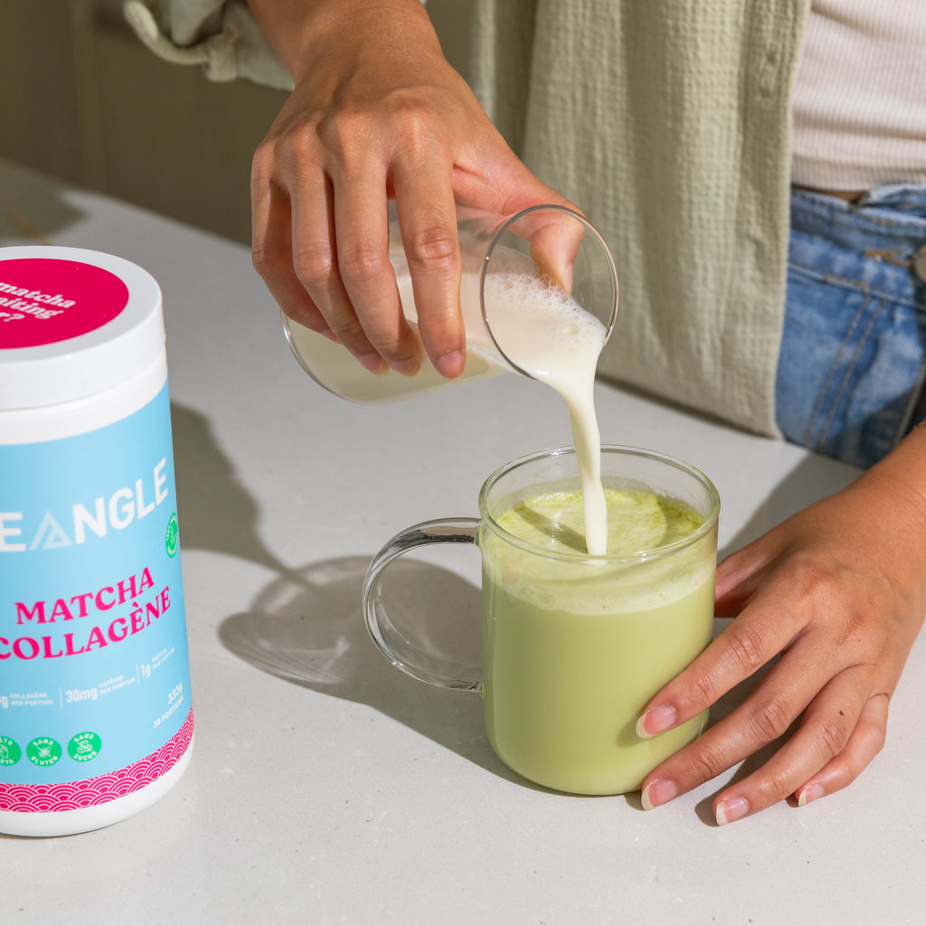 Frothing plant-based milk for Matcha Collagen Latte
