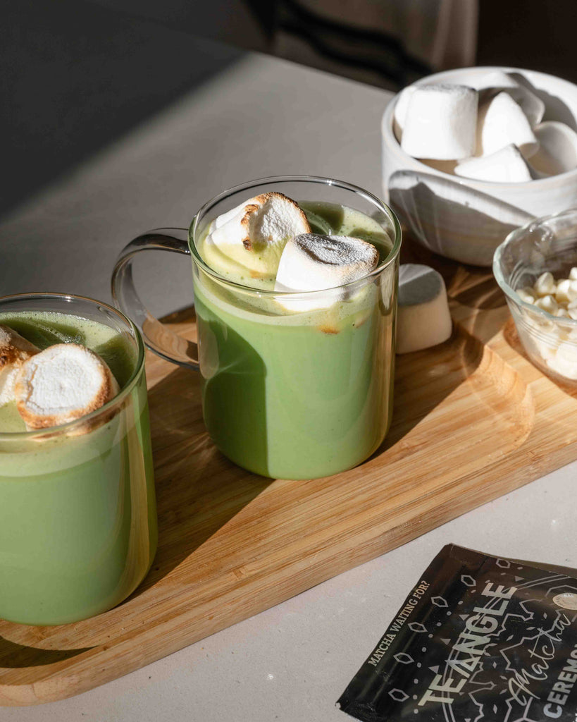 delightful hot matcha white chocolate topped with toasted marshmallows