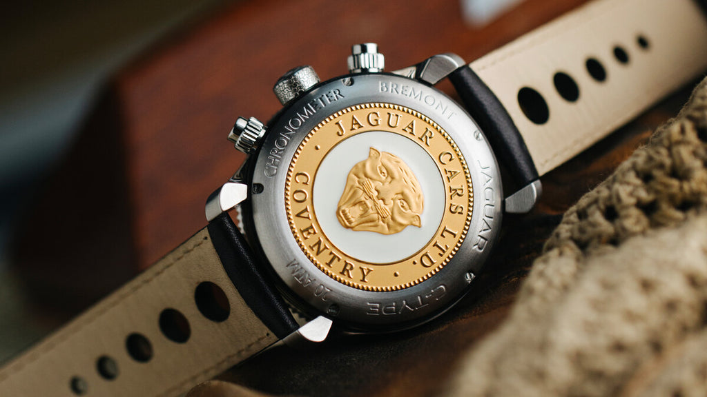 The closed case back of the new Bremont Jaguar C-type Chronograph watch