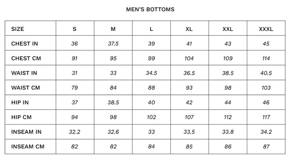 Men's Bottoms Sizing Guide – MYN Sport