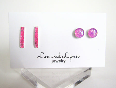 Posey stud earring set from Leo and Lynn Jewelry hot pink glitter line studs purple glitter circle studs spring style casual bright colors limited edition