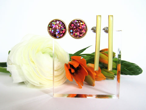 Calla stud earring set from Leo and Lynn Jewelry handmade resin casual jewelry gold line stud rose holo glitter circle stud spring style limited edition collection 
