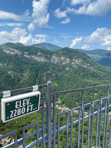 view of elevation sign and town below at Chimney Rock North Carolina 