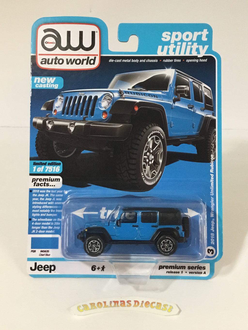 Auto world 2018 jeep Wrangler Unlimited Rubicon blue new casting (5A1)