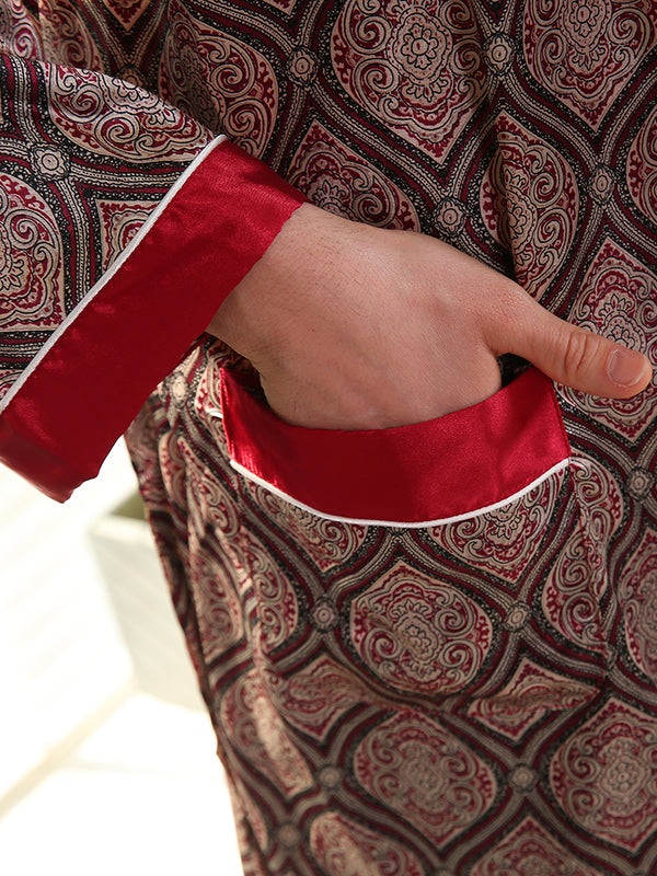 Men Geometric Faux Silk Pajamas Robe Soft Classical Drawstring Loungewear