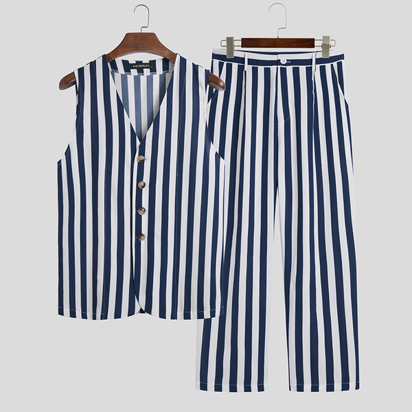 Mens Striped Hippy Pajamas Set Nightwear Sleeveless Vest Long Pants Loungwear SKUG23826