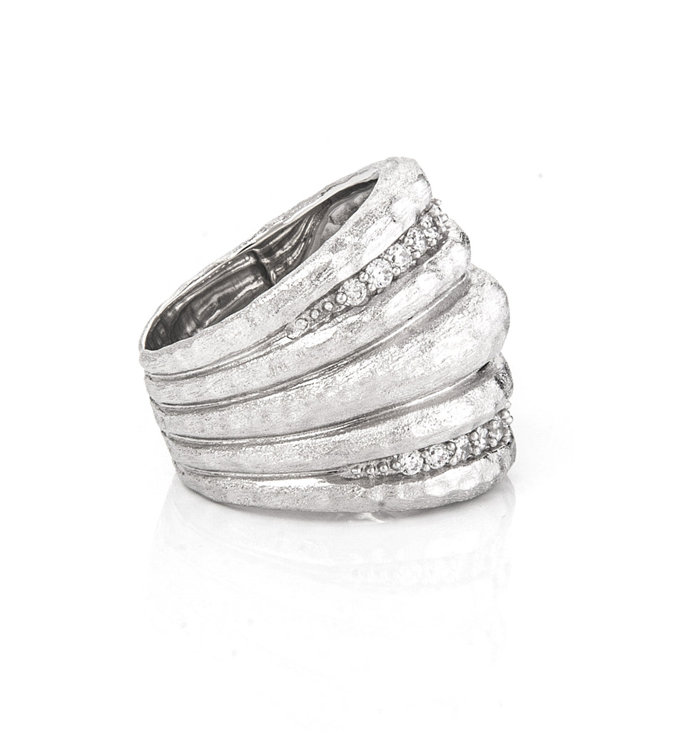 Simulated Diamond Hammered Wide Band Rhodium Ring - Rivka Friedman Jewelry