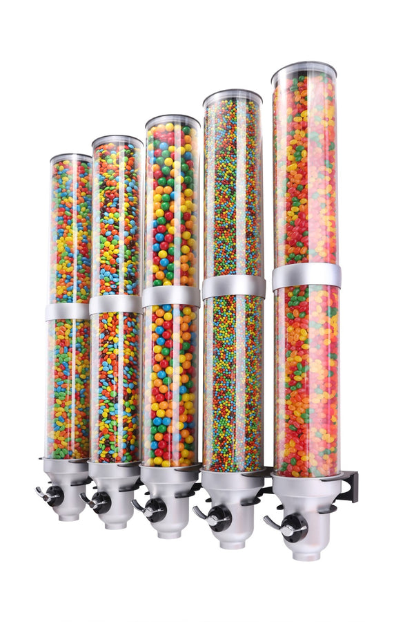 IDM candy Dispenser H50, Quintuple, wall mounted, sweets dispenser. 4.5  liter capacity, silver