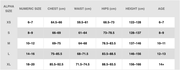 girls youth size chart