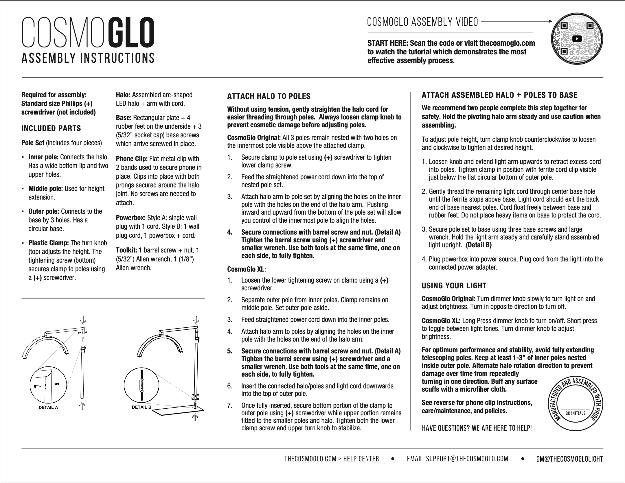 CosmoGlo assembly instructions with parts and tools lists and steps to building your new cosmoglo original or XL light