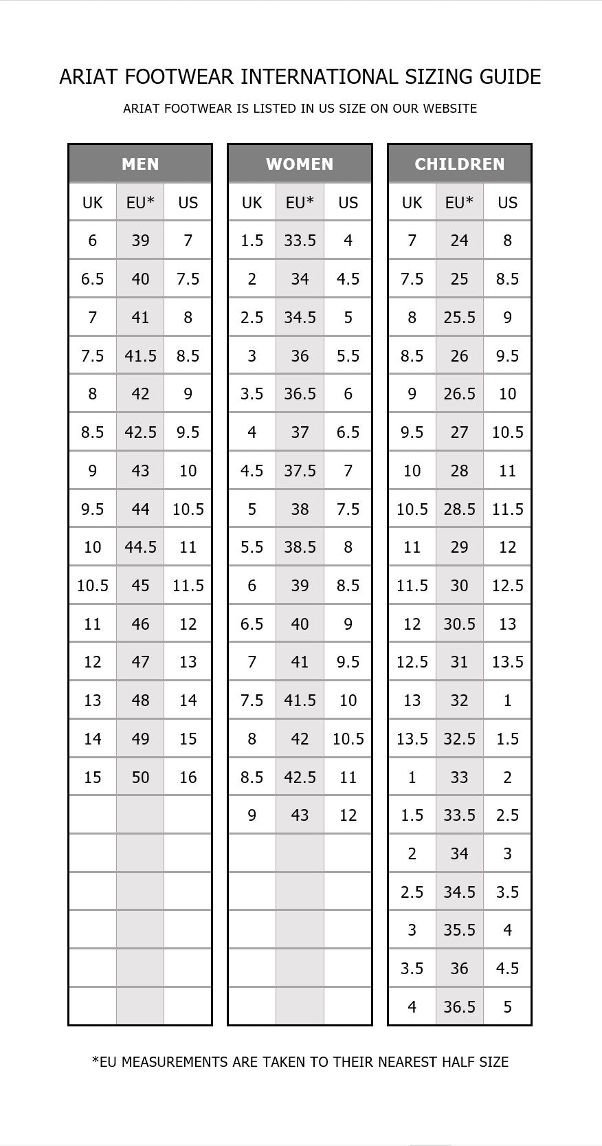 Ariat Footwear Size Guide