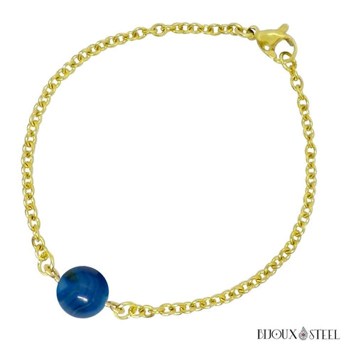 Bracelet en chaîne dorée et sa perle d'agate bleue teintée en pierre naturelle et acier inoxydable