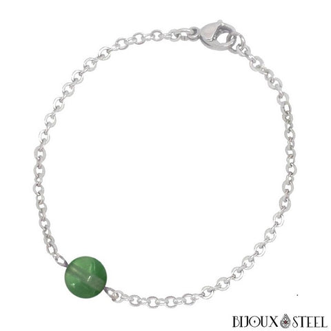 Bracelet en chaîne argentée et sa perle de fluorite verte en pierre naturelle et acier inoxydable