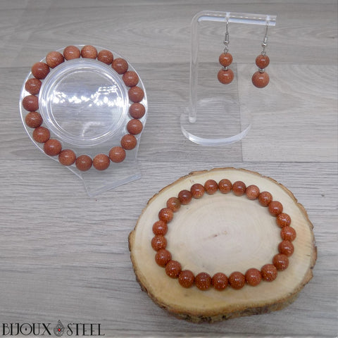 Bracelets de perles et boucles d'oreilles pendantes en goldstone brune synthétique