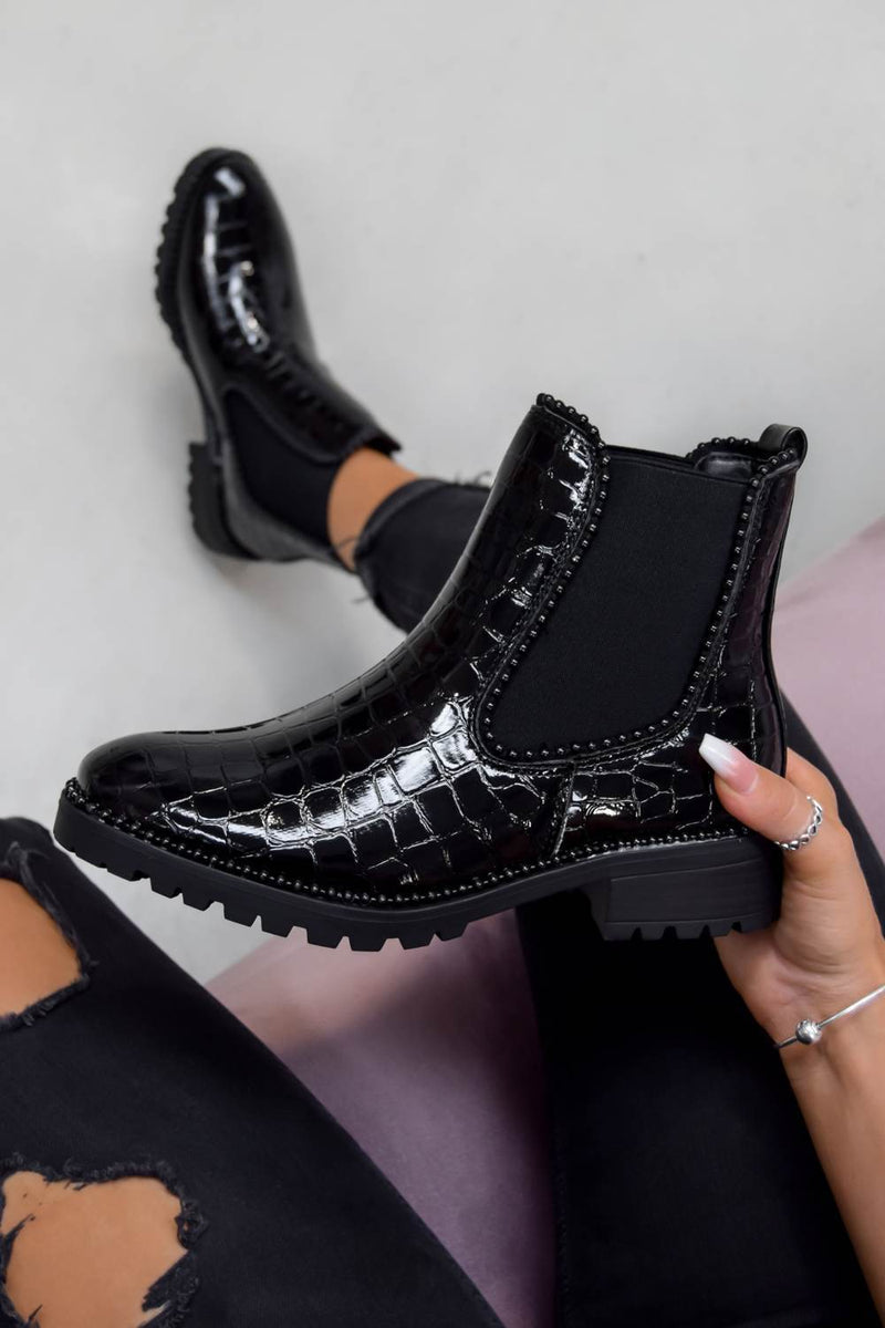 black croc studded ankle boots