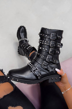 studded buckle biker boots