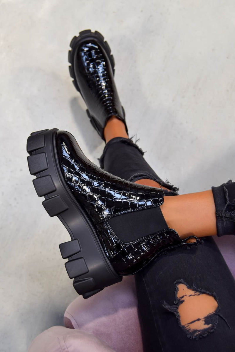 black croc chunky chelsea ankle boot